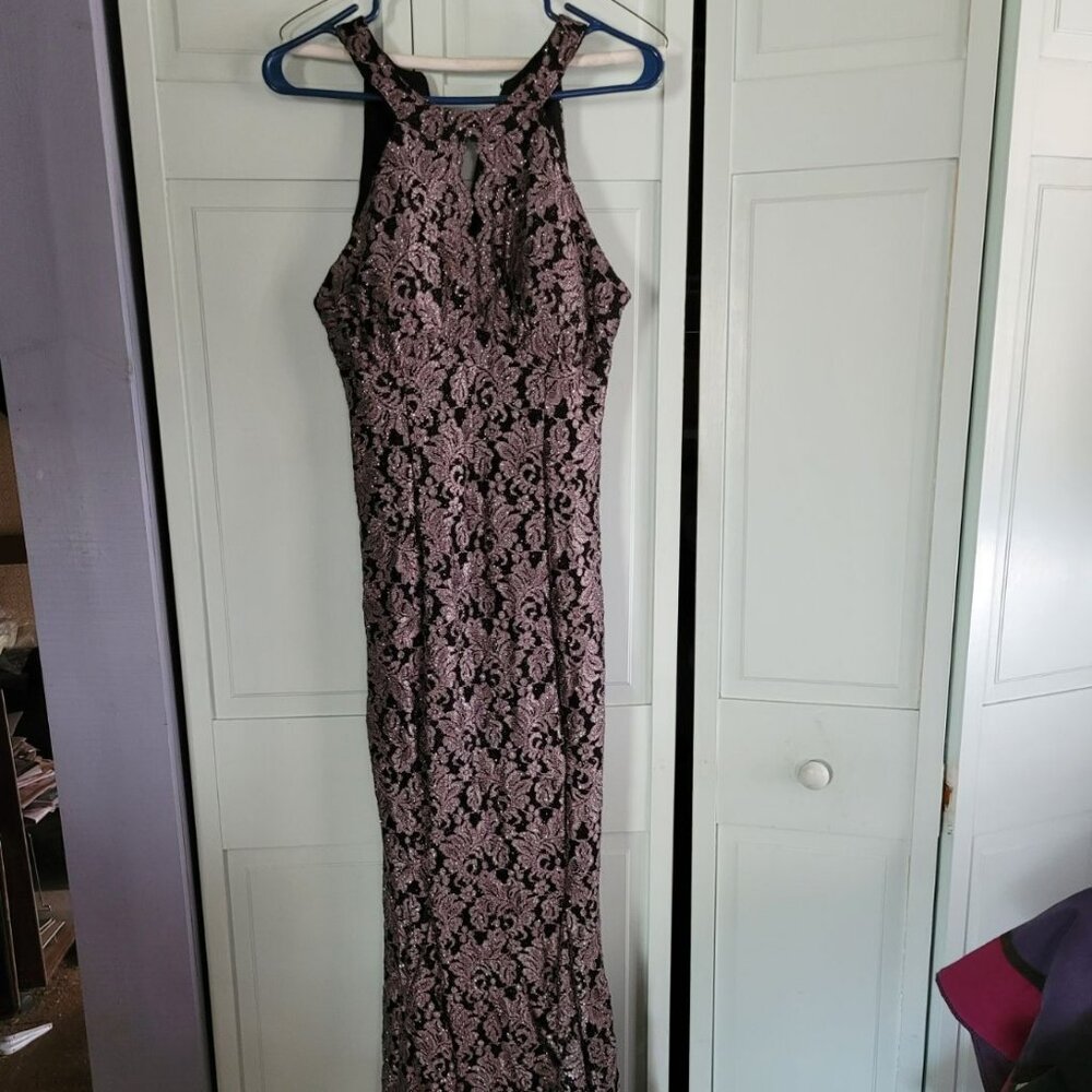 Nightway brand evening formal wear ; black with gold pattern overlay, size 10